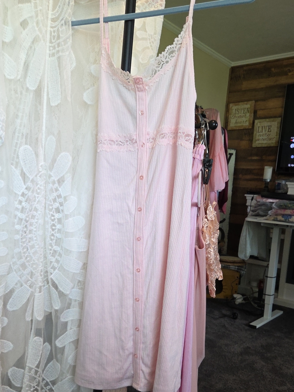 wild fable Pale Pink Lace-Trim Button-Front Chemise